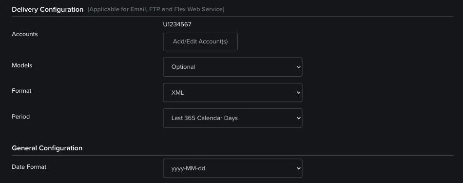 Delivery Configuration sa formatom XML i periodom Last 365 Calendar Days; Date Format yyyy-MM-dd