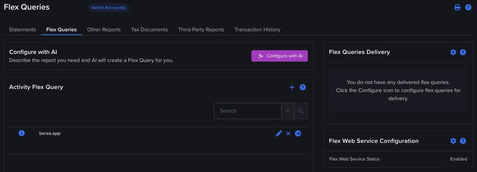Stranica Flex Queries: panel Activity Flex Query sa plusom gore desno i jednim sačuvanim upitom