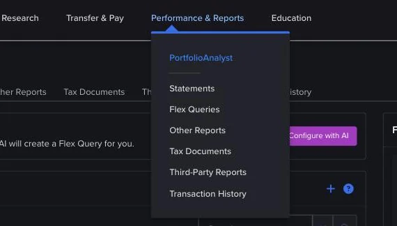 Meni Performance & Reports u Client Portalu, sa stavkom Flex Queries