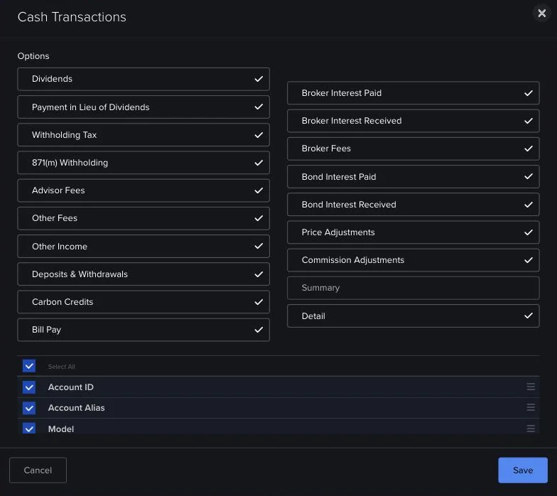Prozor sekcije Cash Transactions: Select All uključen, dugme Save na dnu