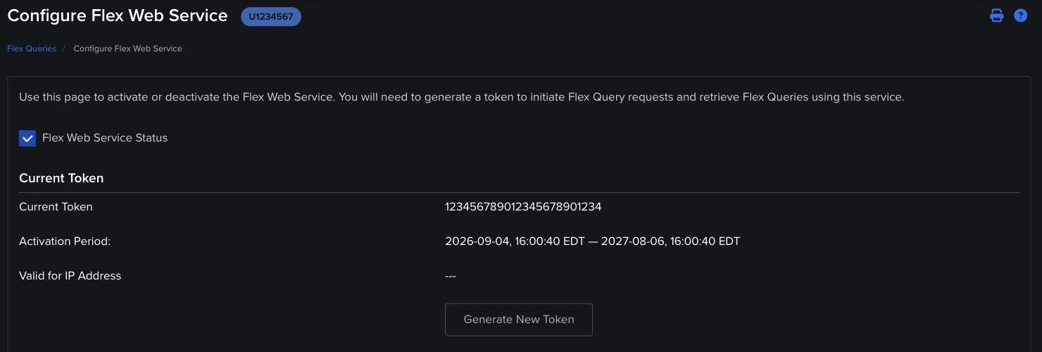 Stranica Configure Flex Web Service: uključen status, red Current Token i dugme Generate New Token