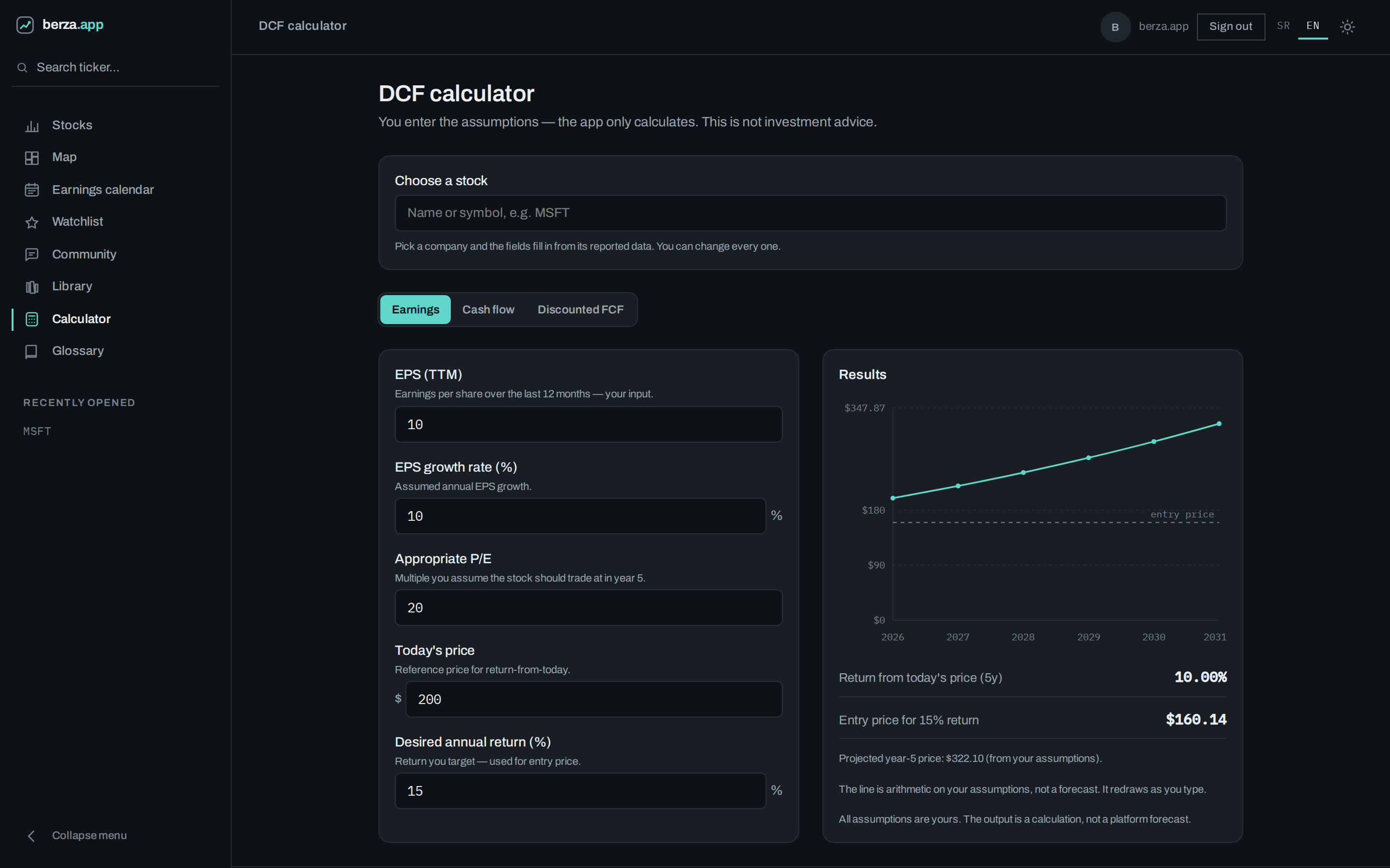 DCF calculator with assumptions and a projection chart