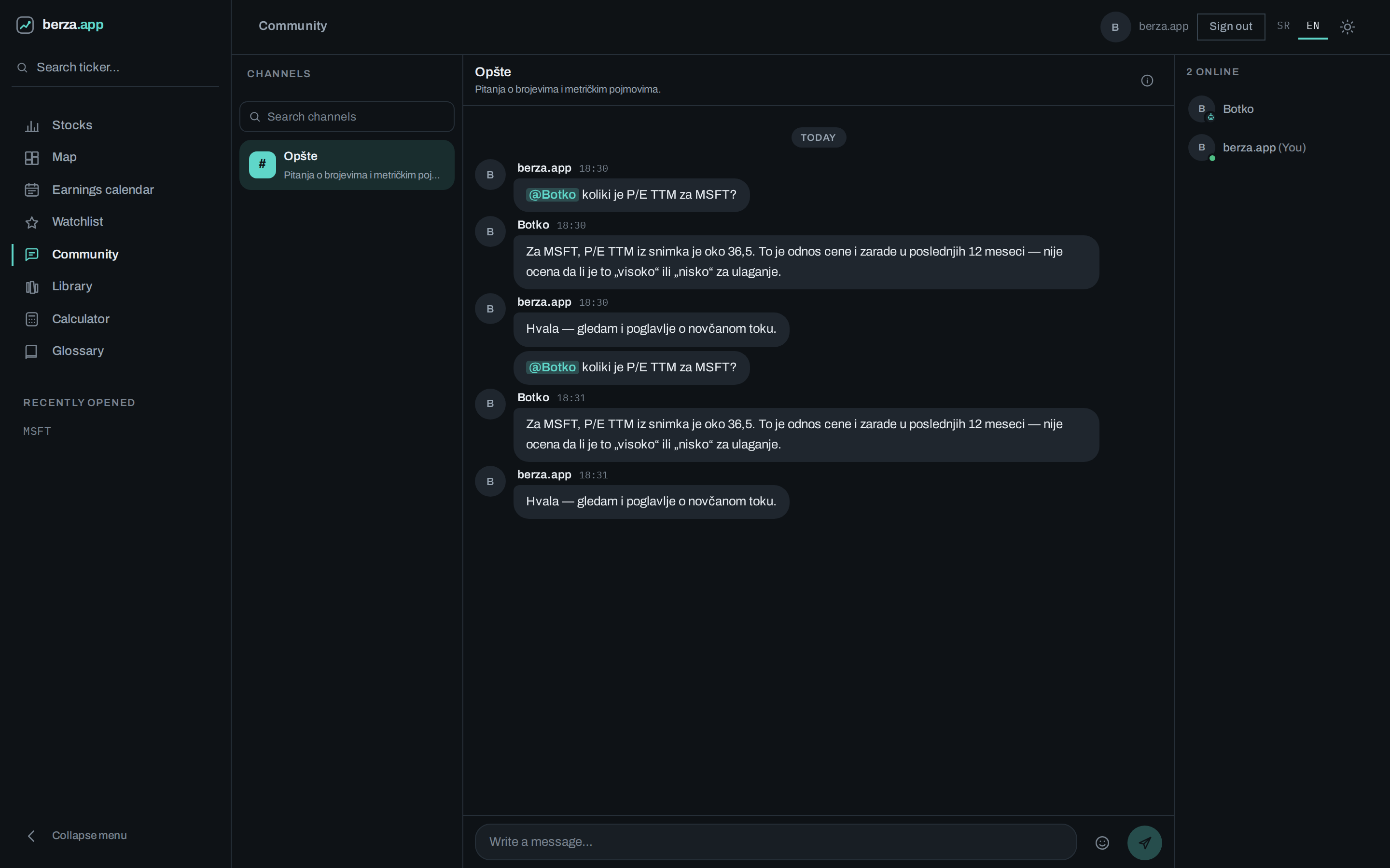 Community channel with member messages and a Botko reply